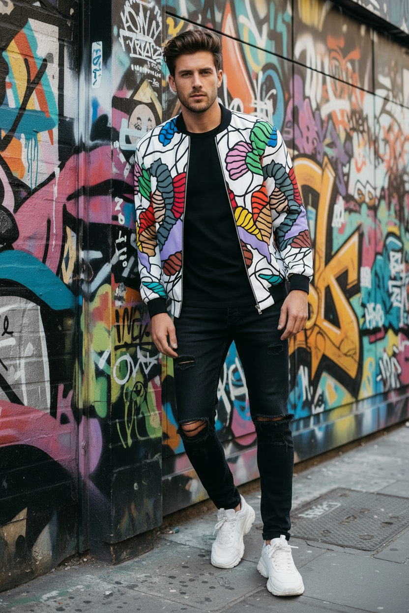 Man in colourful bomber jacket, graffiti wall without faces